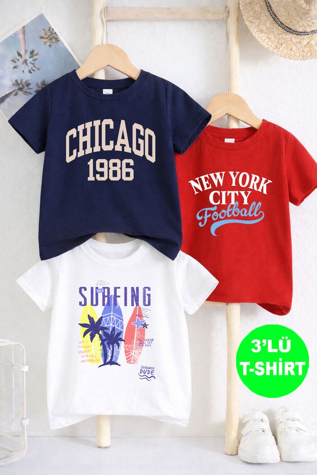 Surfing Printed Cotton Pack of 3 Unisex Red-Navy Blue-White Children's T-Shirts