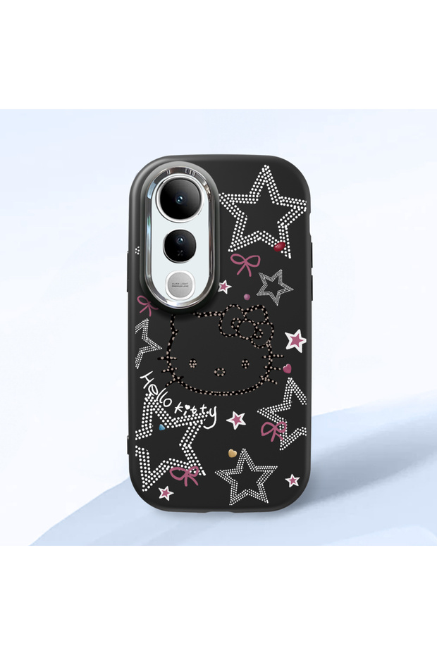 حافظة هاتف من السيليكون الناعم باللون الأسود متوافقة مع هاتف Vivo V50 Lite مع حماية للكاميرا Hello Kitty منقوش
