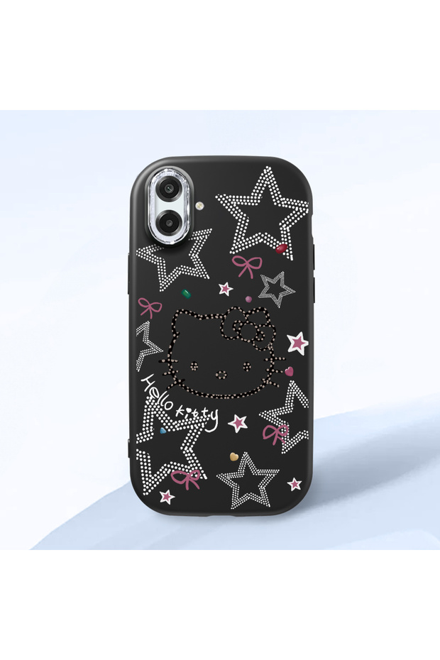 Samsung Galaxy A07 Compatible Hello Kitty Patterned Camera Protected Black Soft Silicone Phone Case