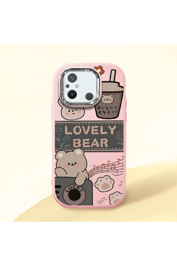 Redmi 12C Compatible Camera Protected Pink Soft Silicone Phone Case Cute Bear Patterned
