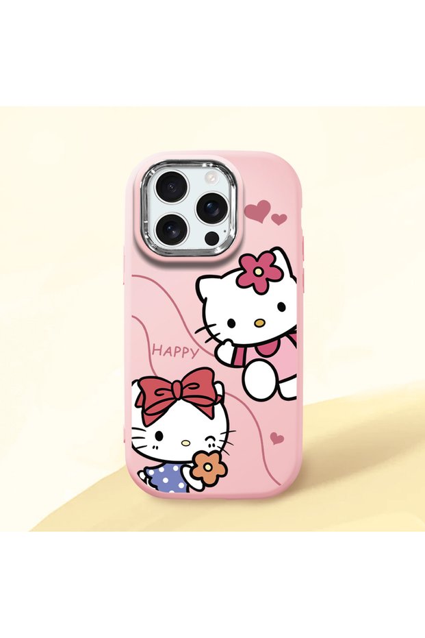 iPhone 16 Pro Compatible Camera Protected Pink Soft Silicone Phone Case Hello Kitty Patterned