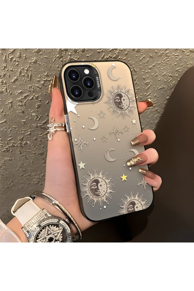 حافظة هاتف متوافقة مع iPhone 16 Pro Max مصنوعة من مادة Gold Tone Star منقوش أكريليك