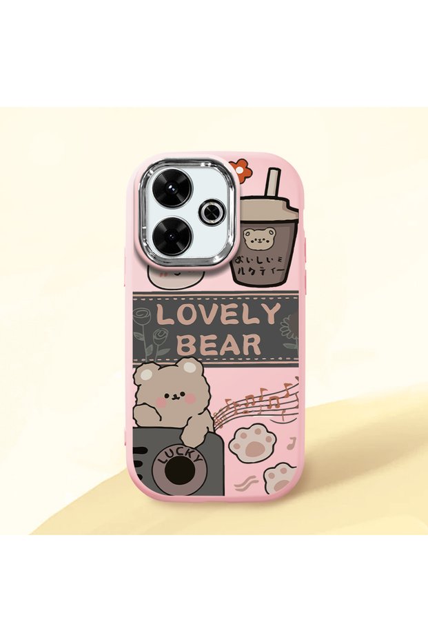 Redmi 13X Compatible Camera Protected Pink Soft Silicone Phone Case Cute Bear Patterned