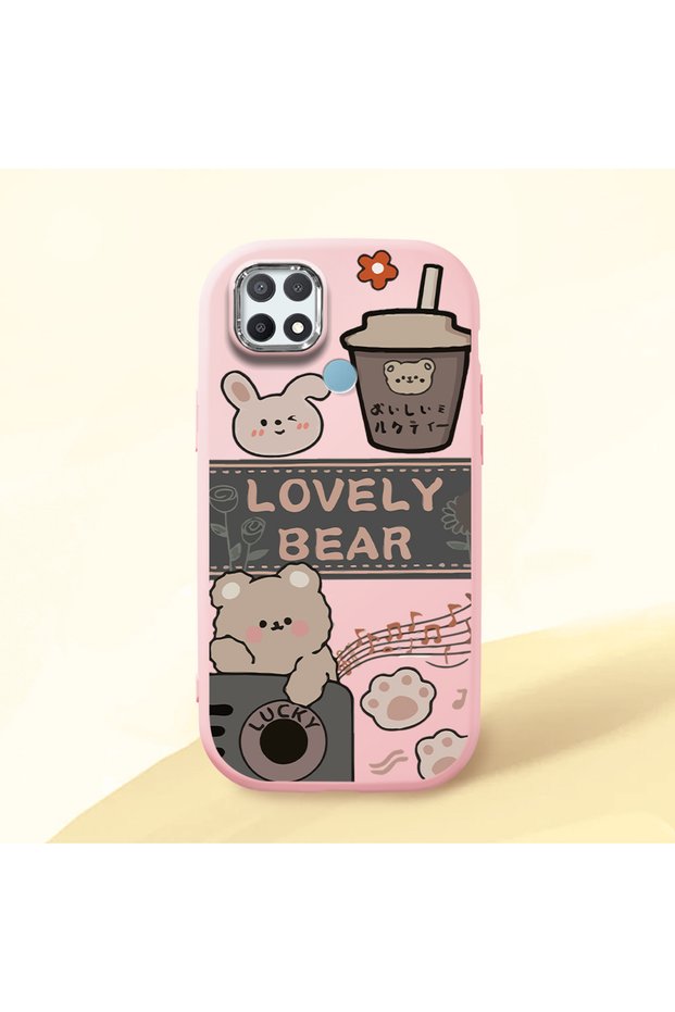 Oppo A15S Compatible Camera Protected Pink Soft Silicone Phone Case Cute Bear Patterned
