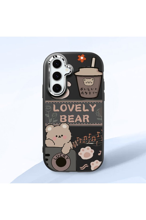 Samsung Galaxy S24 Fe Compatible Camera Protected Black Soft Silicone Phone Case Cute Bear