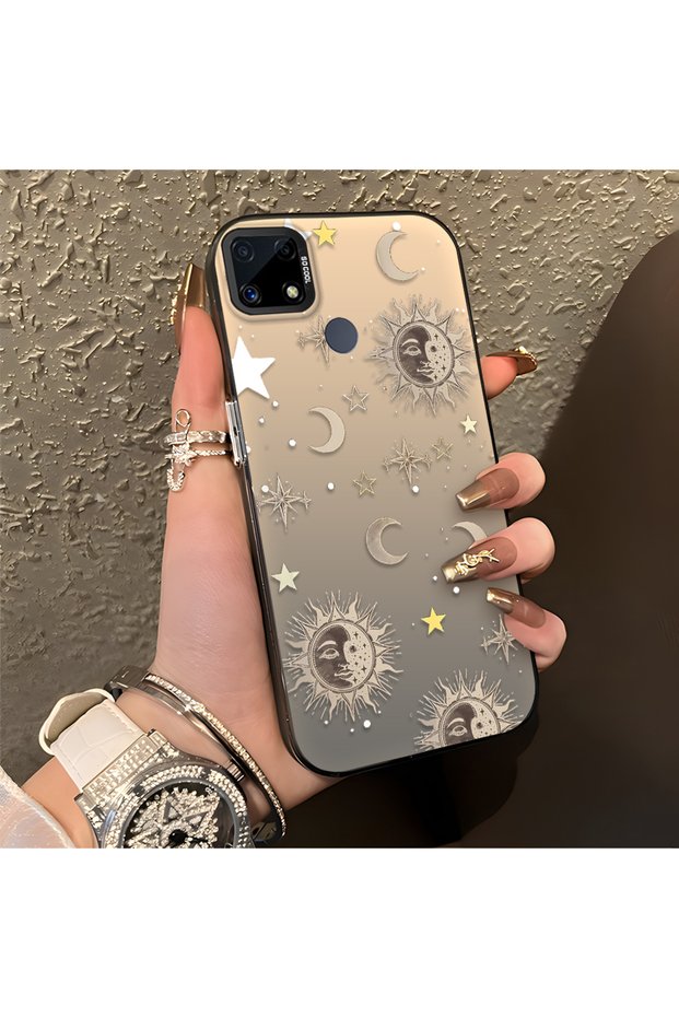 Realme C15/C25/C25S Compatible Gold Tone Star Patterned Acrylic Material Phone Case