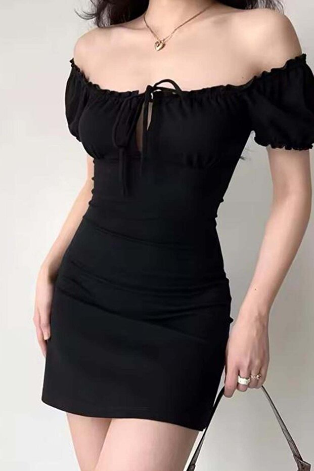 Black Ruched Sleeve Lace-Up Y2K Dress