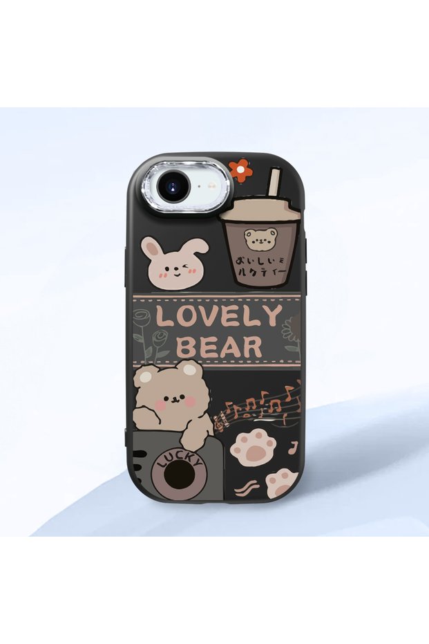 iPhone 16E Compatible Camera Protected Black Soft Silicone Phone Case Cute Bear Patterned