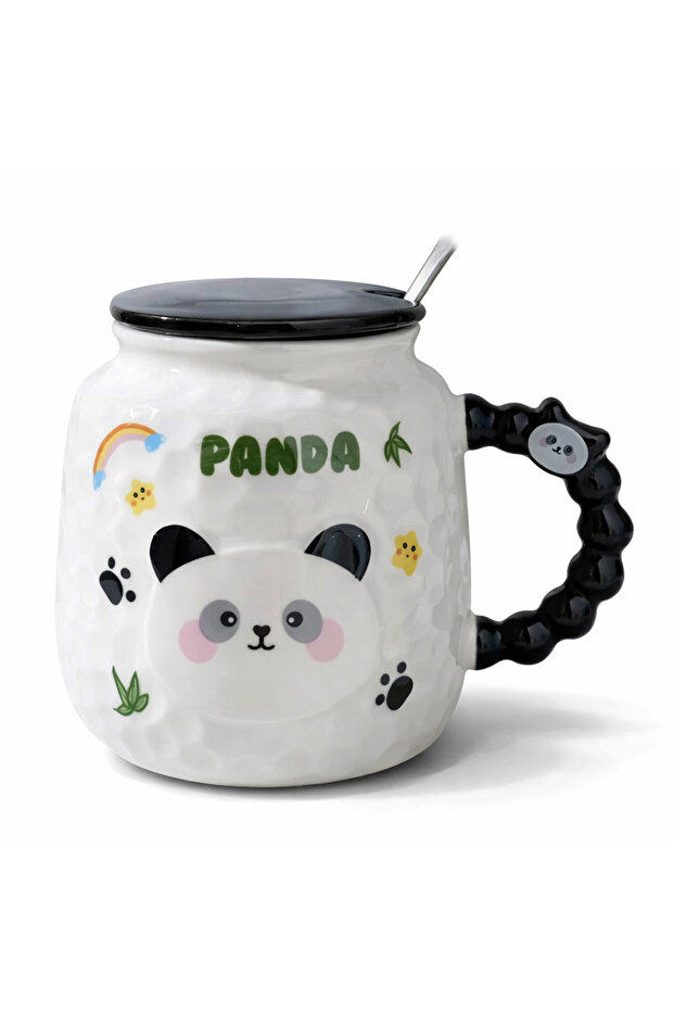 Cute Panda in the Forest Figured Ceramic Mug with Lid 300ml Coffee Cup with Spoon Design | Panda in the Forest