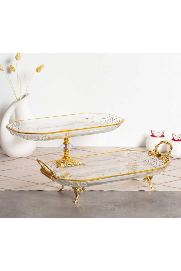 Pack of 2 Pasabahce Crystal Metal Legs Gilded Square Cake Presentation Holder Cookies