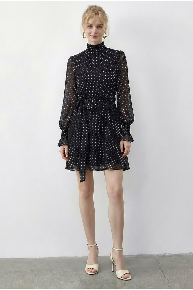 Women's Black Polka Dot Gipeli Sleeve Detailed Belted Lined Mini Dress 0986 60286031
