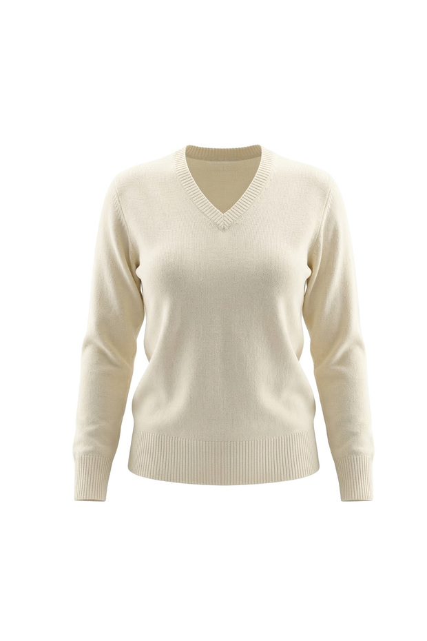Kadın V Yaka Basic Triko Kazak - Krem - 1