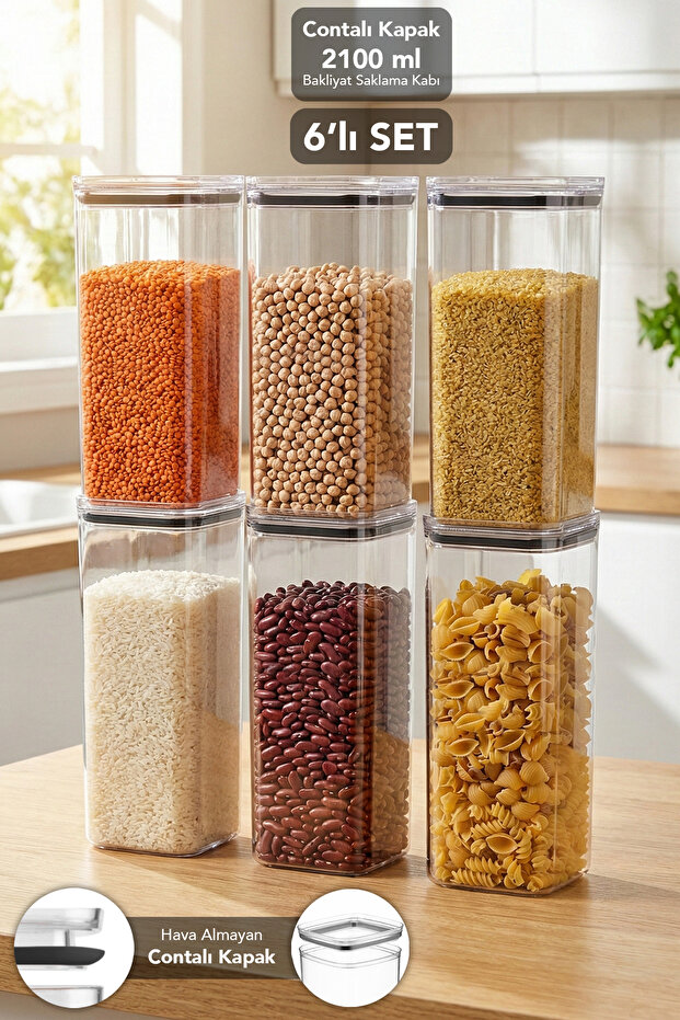 6-Piece Pure Square Storage Container - Transparent Mica Airtight Food and Grain Container with Sealed Lid 2100ml