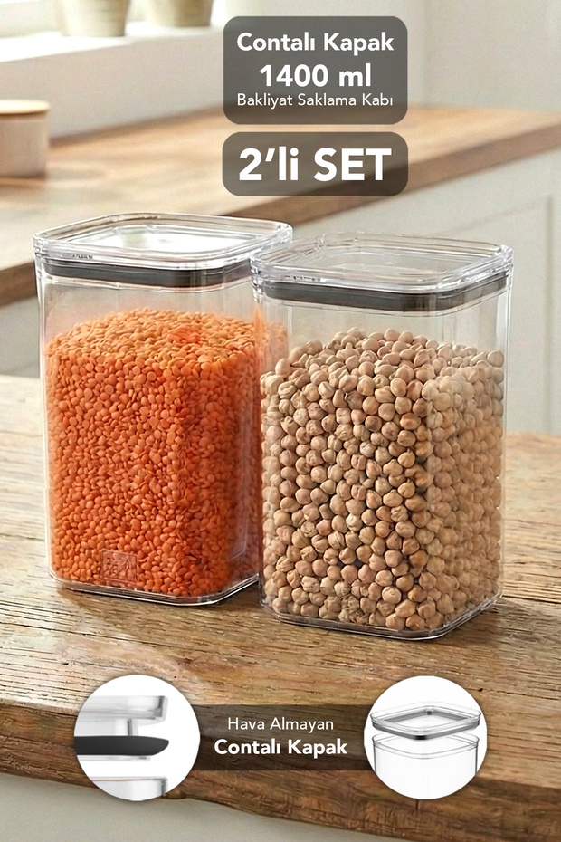 2-Piece Pure Square Storage Container - Transparent Mica Airtight Food and Grain Container with Sealed Lid 1400ml