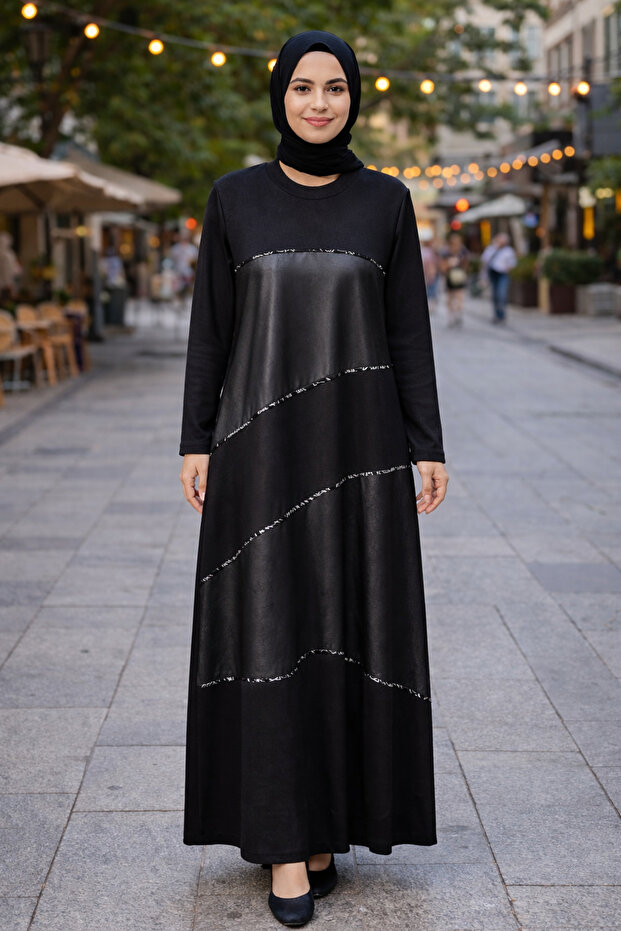 Deri görünümlü boydan elbise - 1