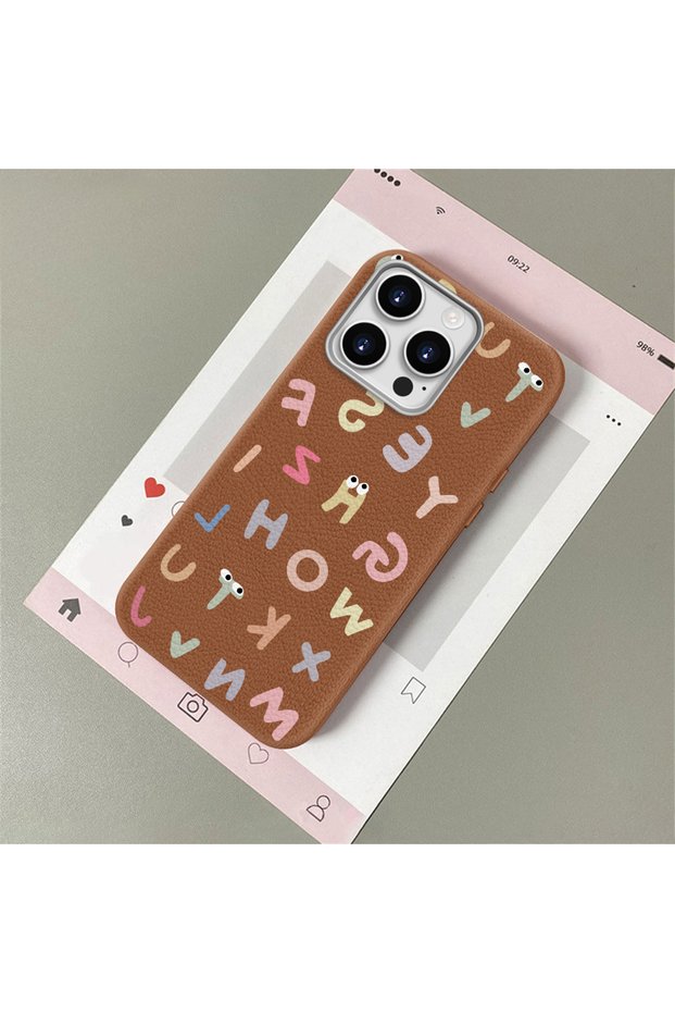 iPhone 15 Pro Compatible Stylish Letter Patterned , Leather Textured Phone Case