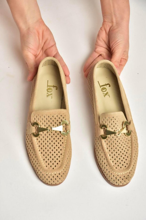 Y291262402 Beige Suede Buckle Detail Women Ballet Flats
