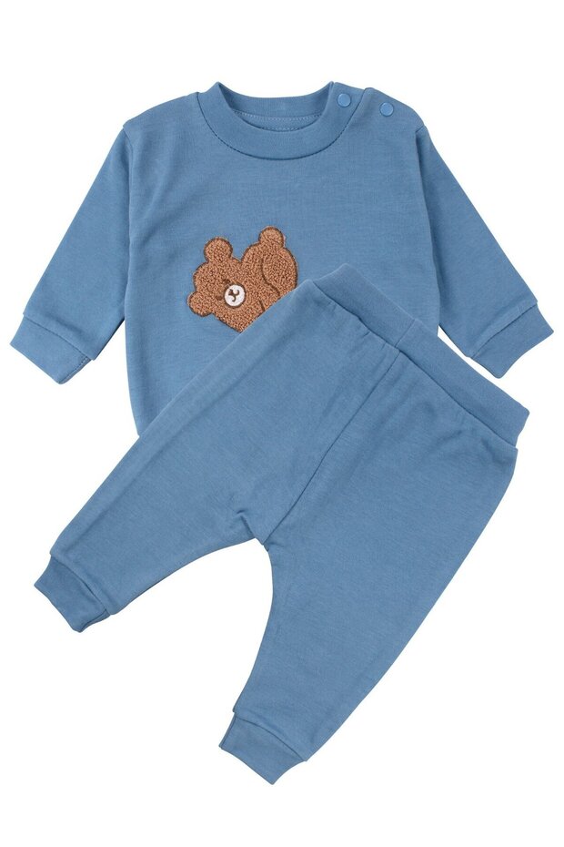 Baby Boy Blue Brown Bear Embroidered Drawstring Double Set