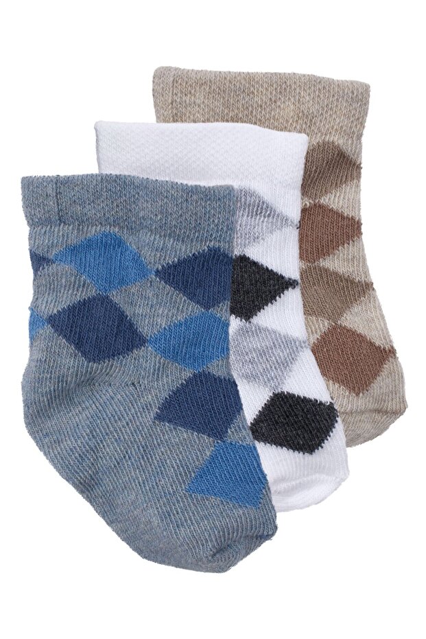 Baby Boy Blue White Beige Diamond Patterned 3-Piece Socks 0-6 Months