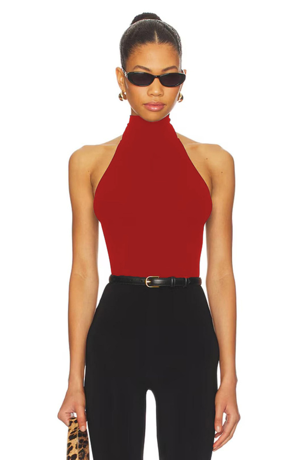 Women's Black Turtleneck Open Back Double-Layer Jersey Fabric Bodysuit with Snap Closure at the Bottom
