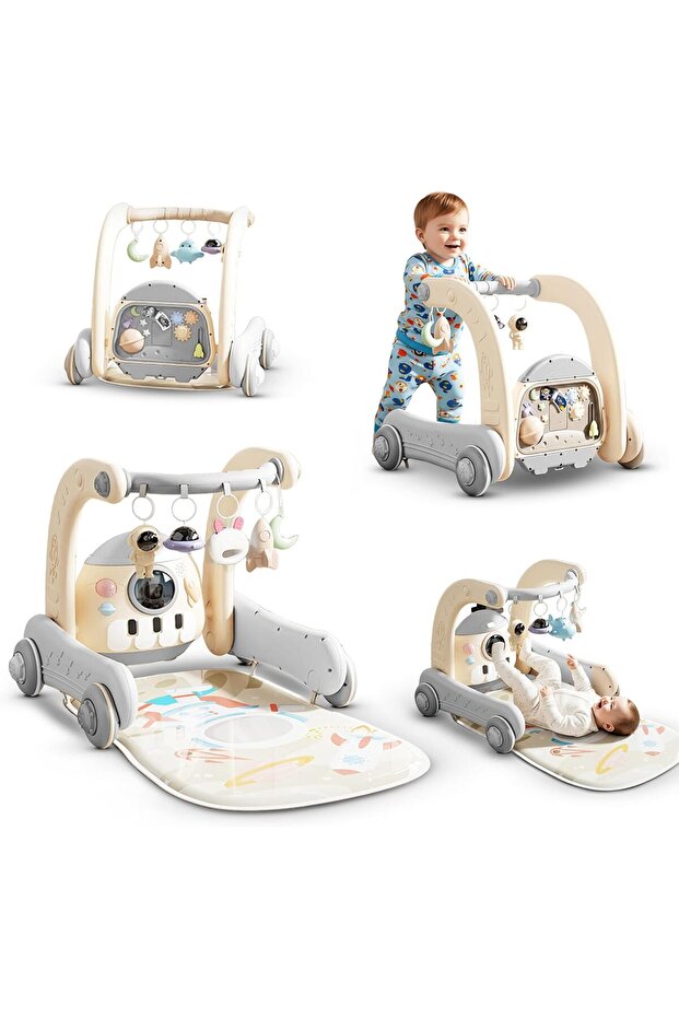 4-in-1 Baby Activity Walker & Play Gym with Piano, Lights, Rattles for 0–36 Months (Grey)
