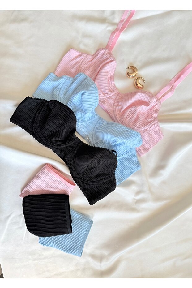 3-Piece Colorful Wired Cotton Piece Bra Set (Pink-Black-Blue)