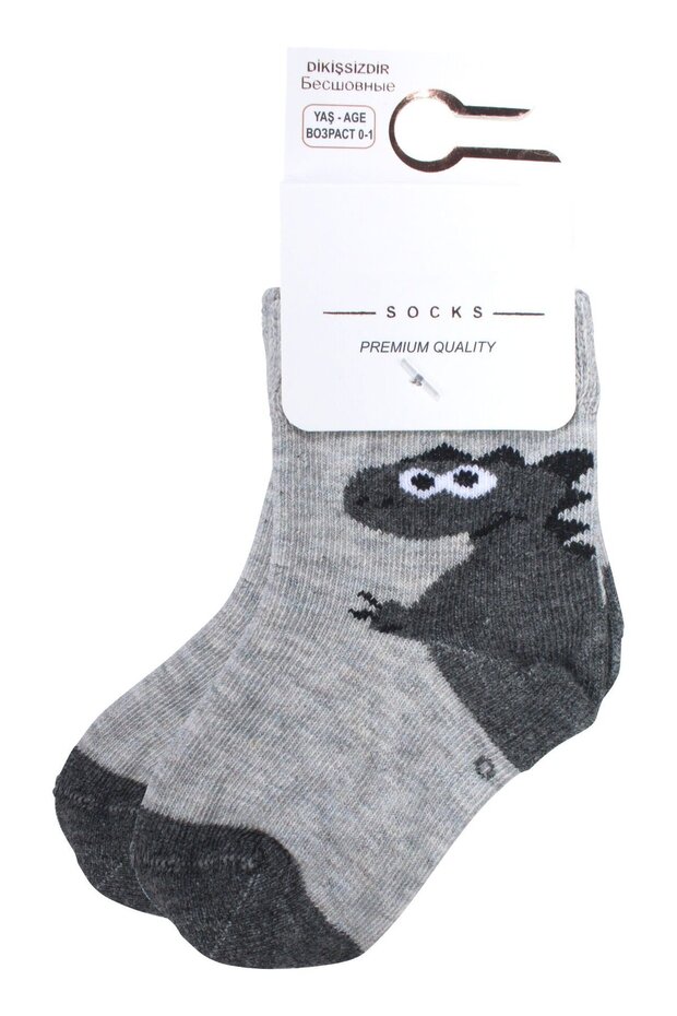Baby Boy Gray Dino Patterned Socks 0-12 Months