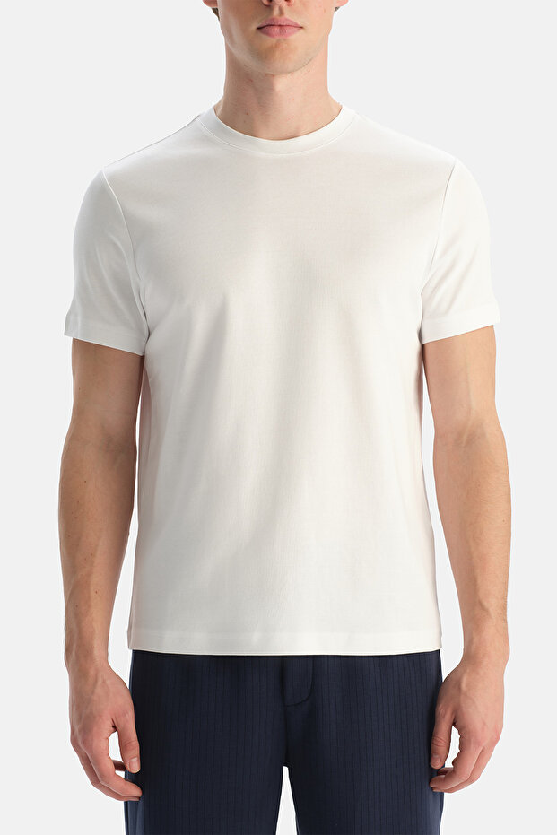 Beyaz Bisiklet Yaka Pamuklu Basic Tişört - 5