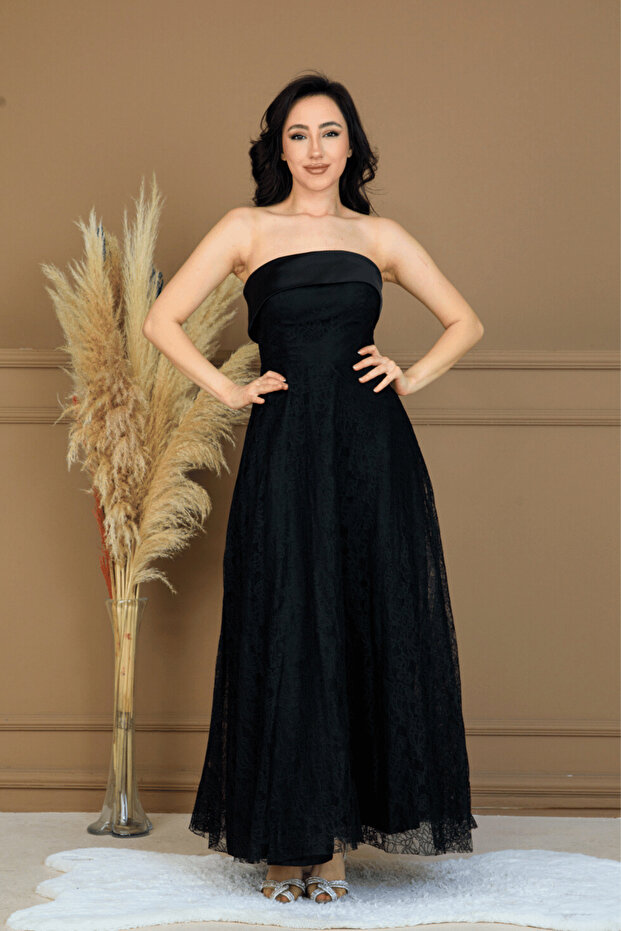 Lace Fabric Strapless Dress - Black