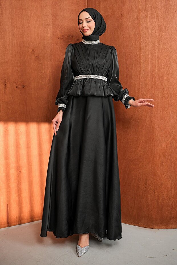 Black Beli Volan Detailed Stoned Janjan Satin Evening Dress