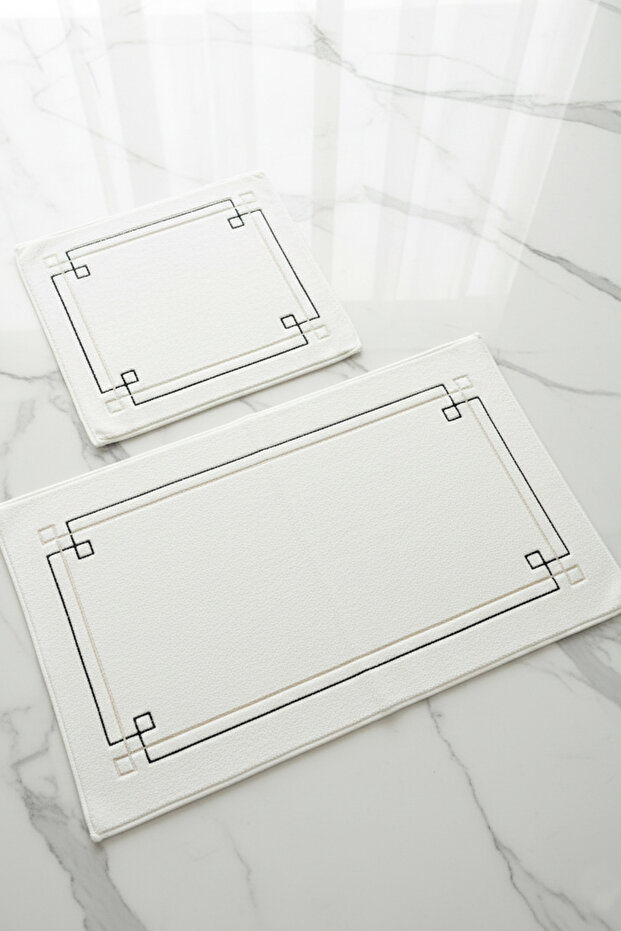 Self Ecru Embroidered 2-Piece 100% P Cotton Bath Mat Set, Washable