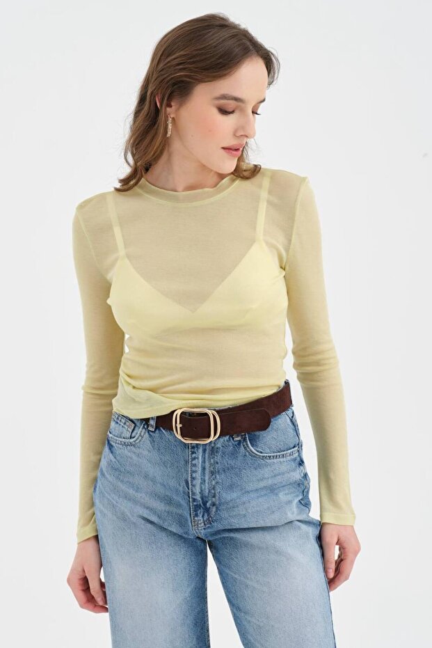 Women's Sheer Look Crew Neck Design Blouse