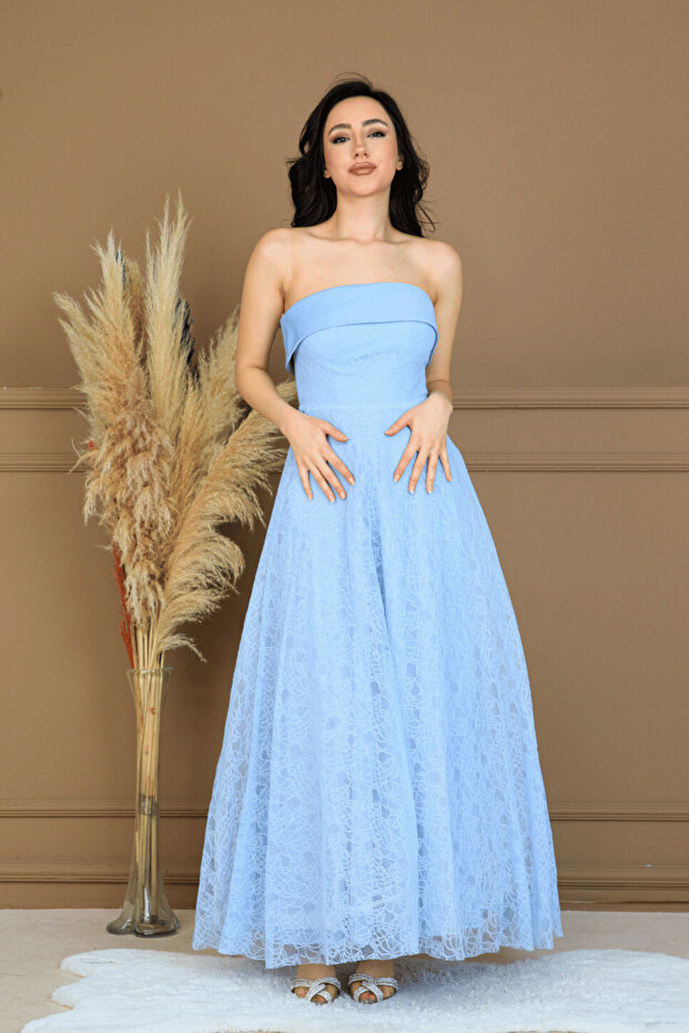 Lace Fabric Strapless Dress - Baby Blue