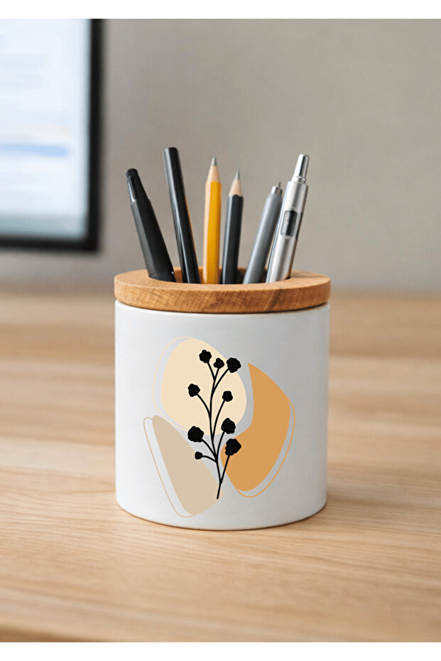 Printed Ceramic Pen Holder with Boho Design and Wooden Detail Desktop Pen Holder