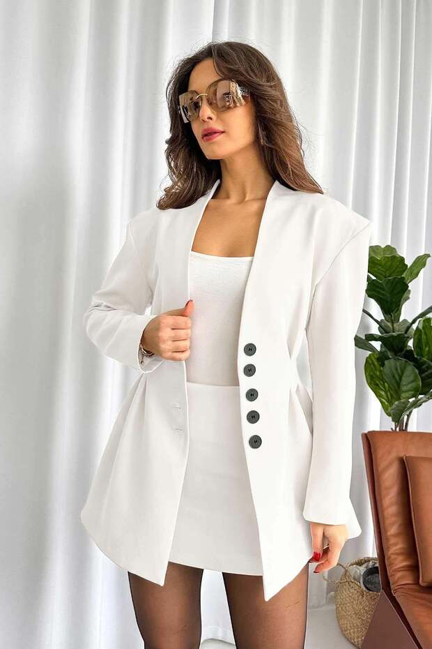 Shoulder Padded Shoulders Waist Pleated Women's Jacket - White