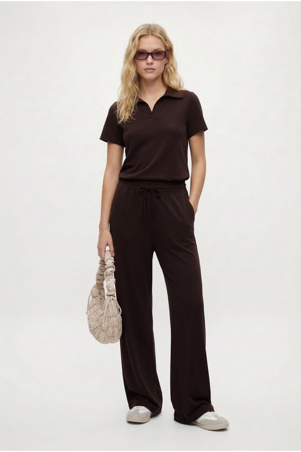 Women's Nadia Modal Touch Polo Collar Waist Elastic Pocketed Brown Bottom Top Set
