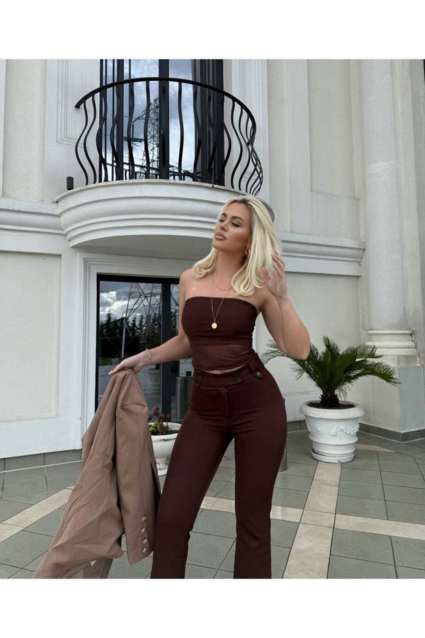 Women's Tulle Detail Strapless Bustier and High Waist Flared Trousers Set