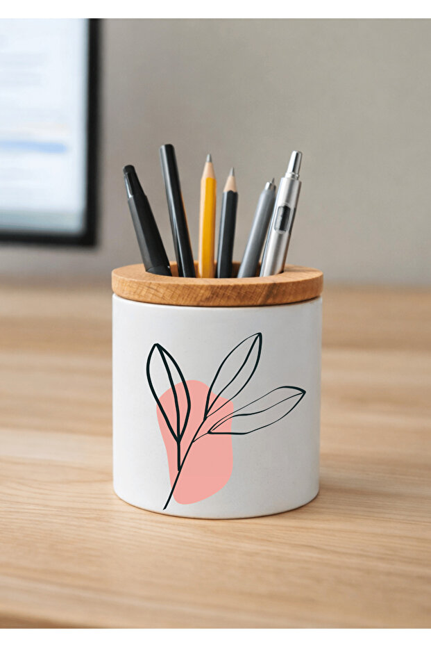 Printed Ceramic Pen Holder with Boho Design and Wooden Detail Desktop Pen Holder
