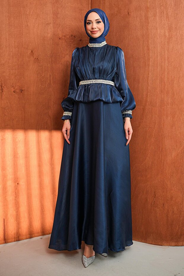 Navy Blue Beli Volan Detailed Stoned Janjan Satin Evening Dress