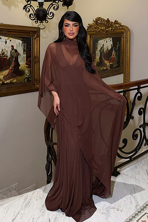 Brown Marika Cape Detailed Pleated Long Event Dress Ate-4790