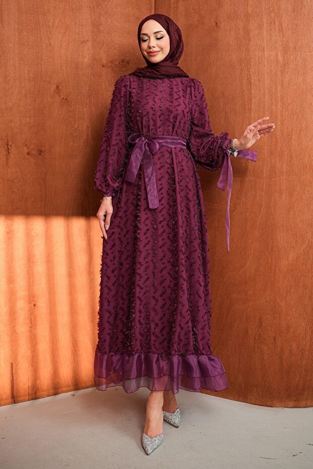 Plum Sleeve Tie-Detail Belted Evening Dress