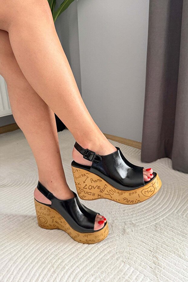 Women's Pure Black Patent Leather 10 cm Padded Written Cork Sole Shoes