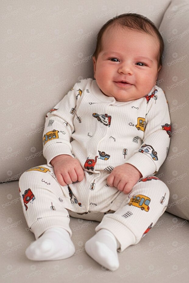 Baby Boy Beige Bus Patterned Cuffed Snap-On Jumpsuit