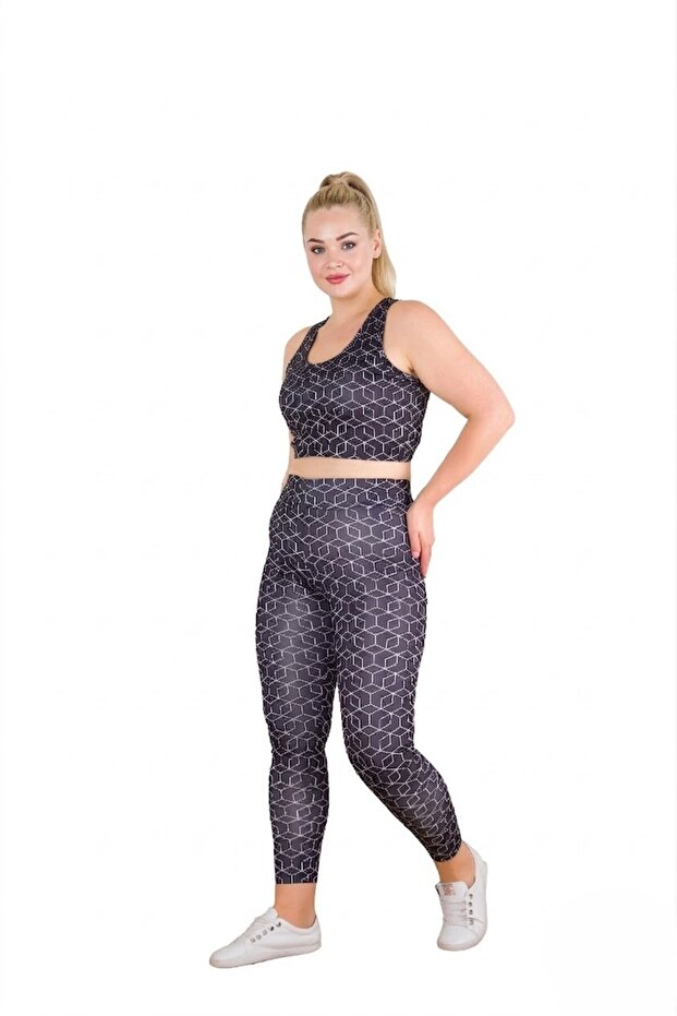 Women's Black Plus Size Geometric Patterned Sports High Waist Leggings Bustier 2-Piece Set
