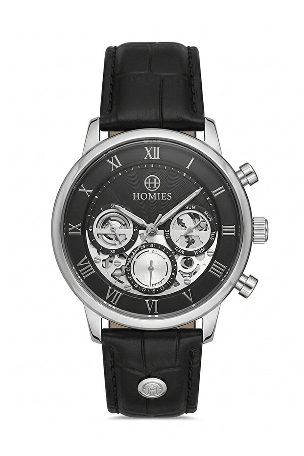 Men's Black Leather Cord Black Dial Multifunction Wristwatch 2-Year Warranty