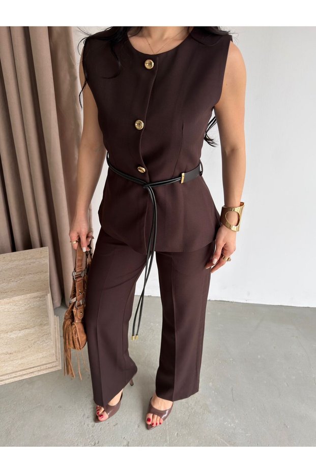 Round Neck Buttoned Belt Accessories Included Lined Vest Set Front Pleated Pocketed High Waist Trouser Suit