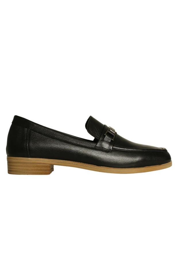 Black Leather Women Buckled Ballet Flats