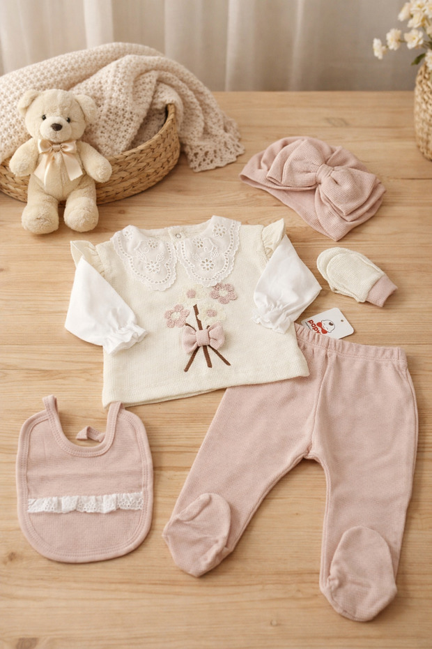 5-Piece Newborn Girl Baby Hospital Discharge Set with Flower-Embellished Collar and Flower/Newborn Girl Zibin Set