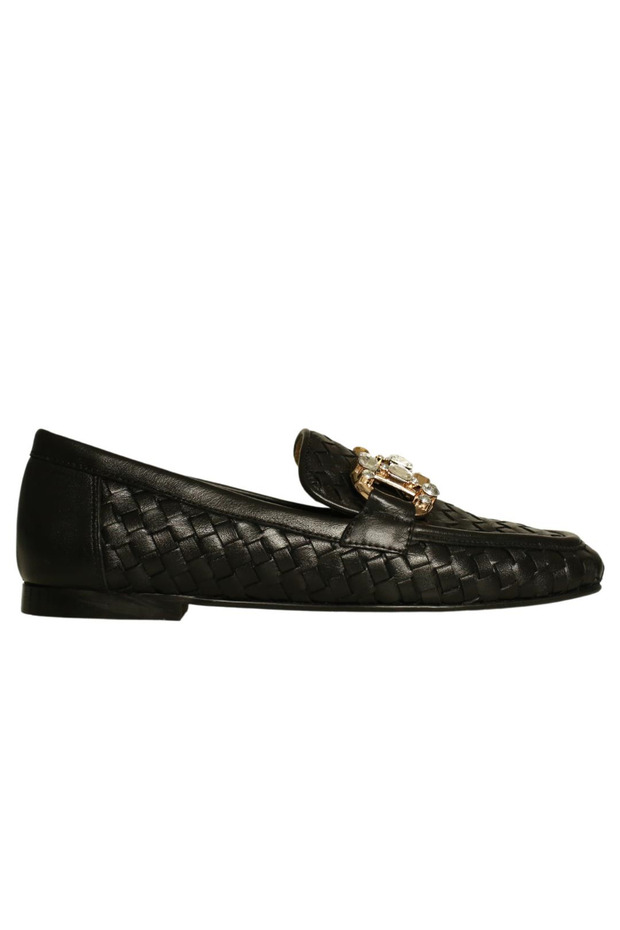 Black Knitted Leather Women's Stoned Buckled Ballet Flats