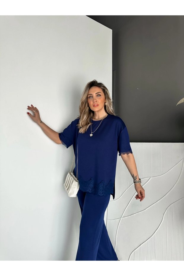 Egzoti̇k Asorti̇k Women's Short Sleeve Baseb Size Blouse with Lace Sleeves, Including Sleeves on the Sleeves, Hem, and Pants, and La on the Waist.